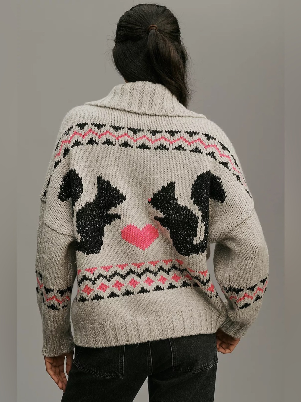 By Anthropologie Squirrels Motif Collared Cardigan Sweater Grey small rare